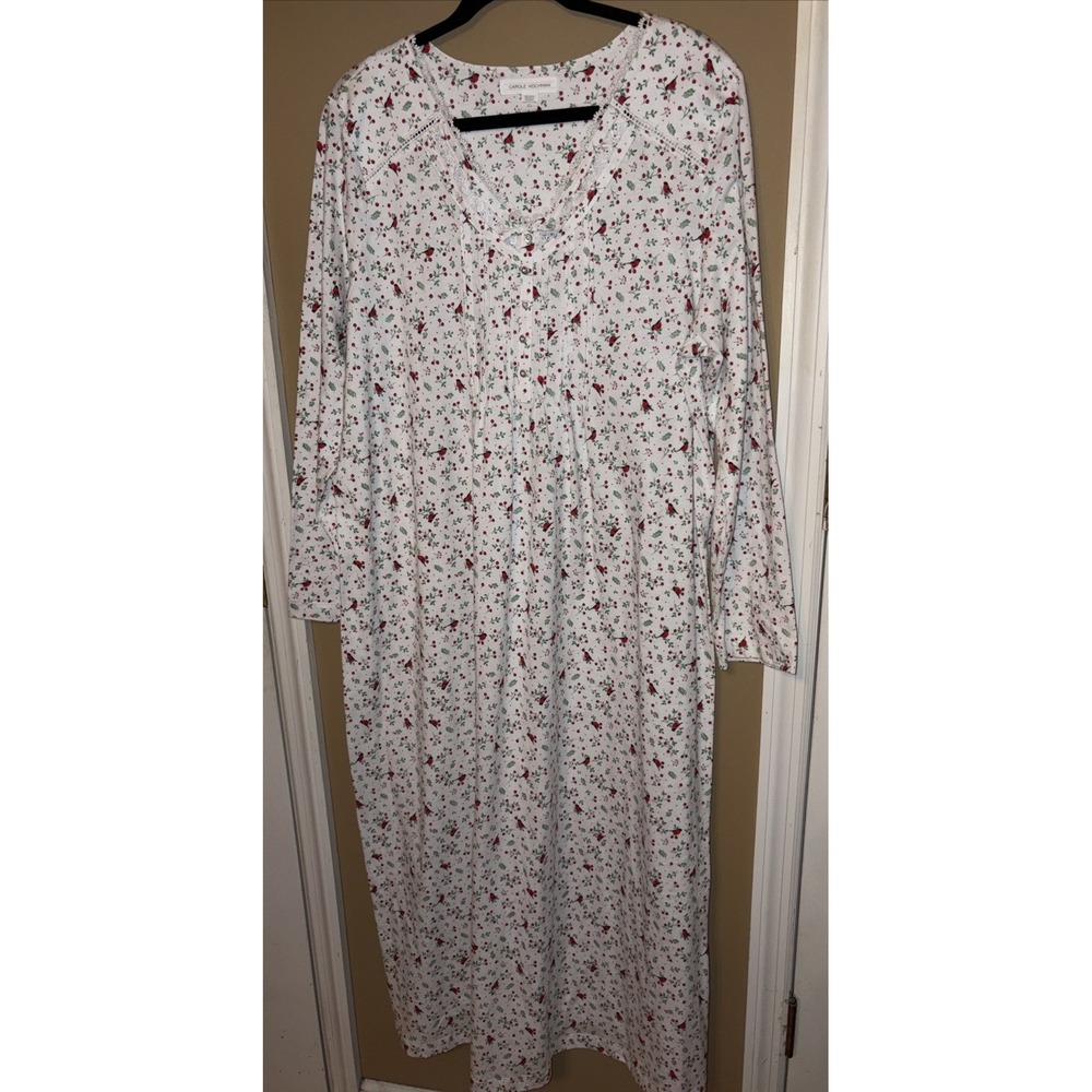 Carole Hochman XL Cotton Nightgown Red Bird Pintuck Lace Knit Long Gown Holiday
